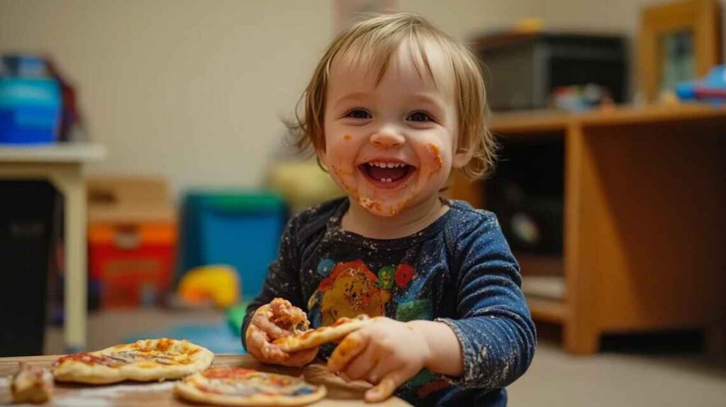 Toddler Enjoying Mini Pita Pizza Lunch.