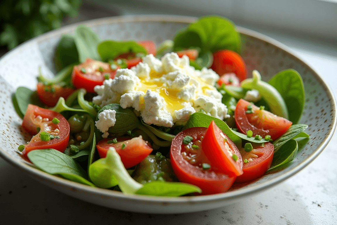 Salad bowl with cottage cheese and vegetables