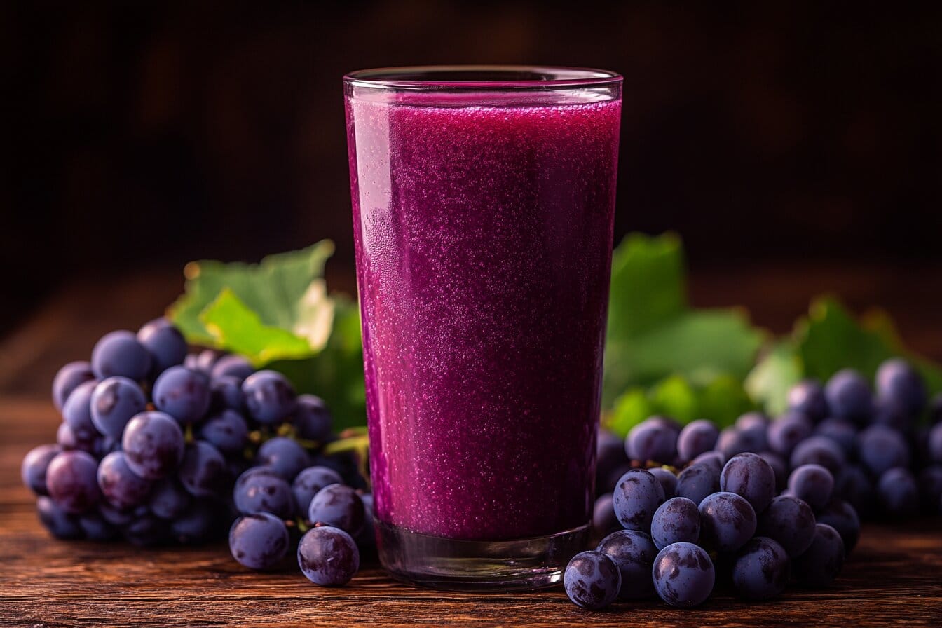 A glass filled with deep purple Concord grape juice, surrounded by fresh grapes and green leaves on a wooden surface.