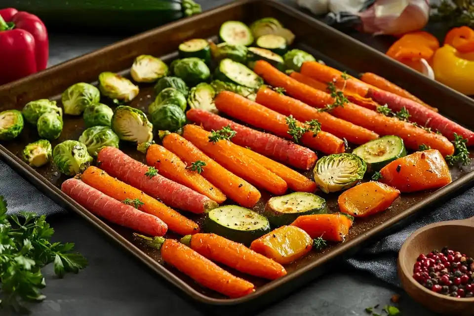 A Colorful Mix Of Roasted Vegetables, Including Carrots, Zucchini, And Brussels Sprouts, On A Baking Tray. (2)