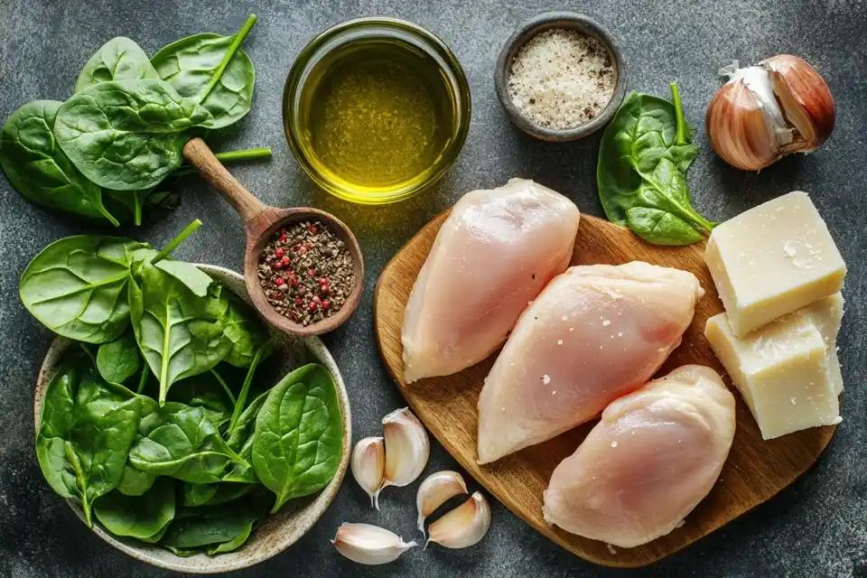 A Flat Lay Of Fresh Chicken, Spinach, Garlic, Olive Oil, Parmesan Cheese, And Seasonings Ready For Cooking
