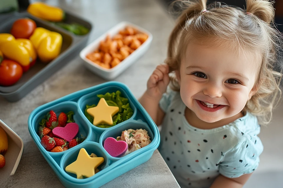 A Happy Toddler Enjoying A Fun Bento Style Lunch With Food Cut Into Playful Shapes.