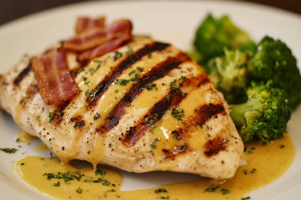 A Healthier Homemade Alice Springs Chicken With Turkey Bacon, Reduced Fat Cheese, And Steamed Veggies On A White Plate.