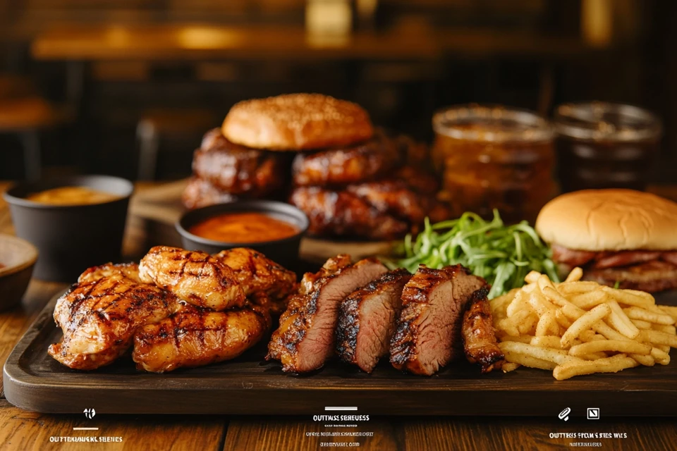 A Menu Style Image Comparing The Calories Of Alice Springs Chicken, Outback Ribs, Steak, And Burgers With Calorie Counts Visible.