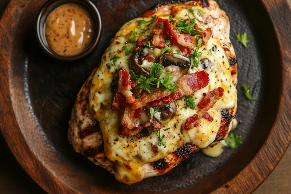 A Plate Of Alice Springs Chicken With Cheese, Bacon, And Mushrooms, Served With Honey Mustard Sauce On A Rustic Wooden Plate.