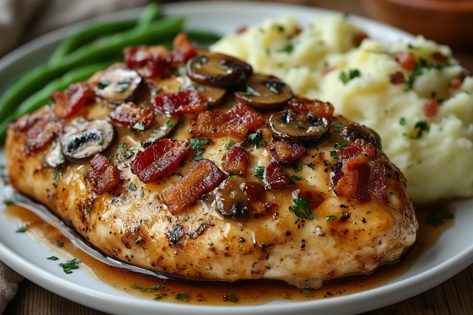 A Plate Of Homemade Alice Springs Chicken With Crispy Bacon, Melted Cheese, And Honey Mustard Sauce, Served With Mashed Potatoes And Green Beans.