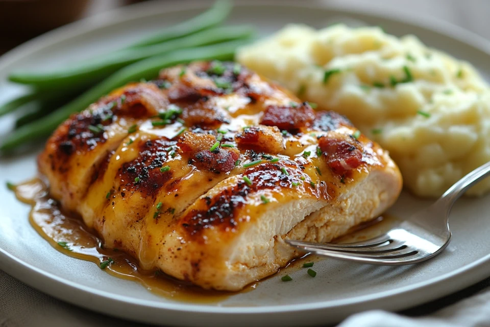 A Plated Alice Springs Chicken Dish With Melted Cheese, Bacon, Honey Mustard Sauce, Mashed Potatoes, And Green Beans