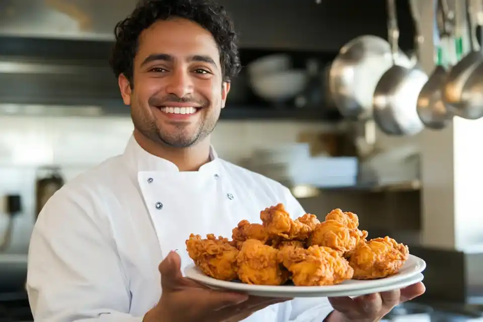 A Professional Chef Holding A Plate Of Golden Crispy Fried Chicken, Garnished With Fresh Herbs And Served With Dipping Sauces.