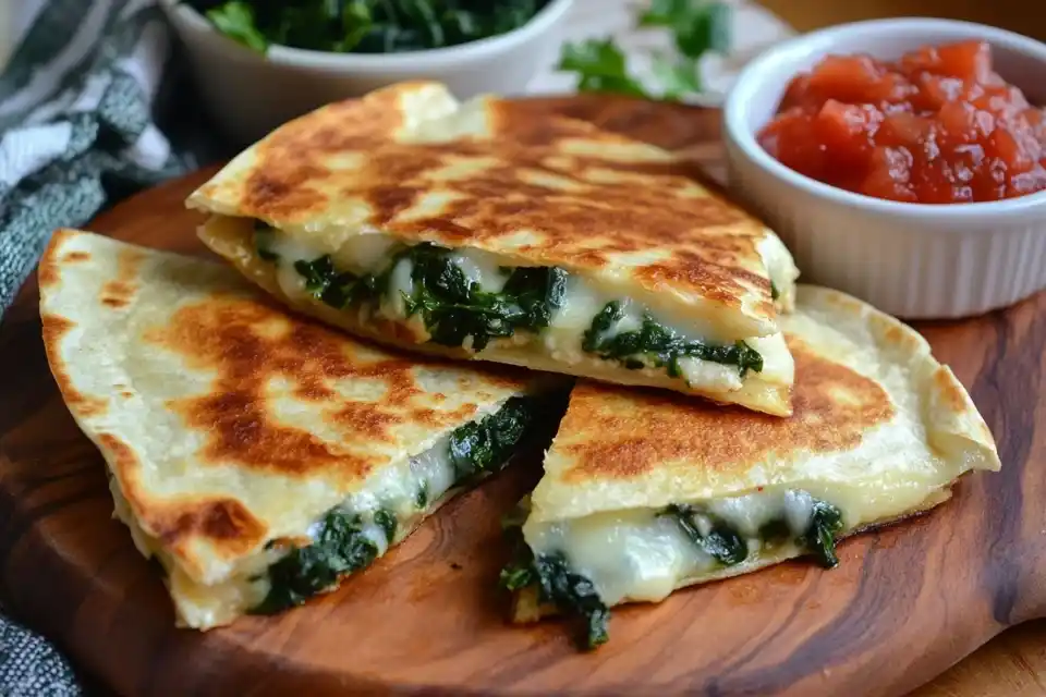 A Wooden Board With Crispy Chicken And Spinach Quesadilla Slices Served With Salsa.