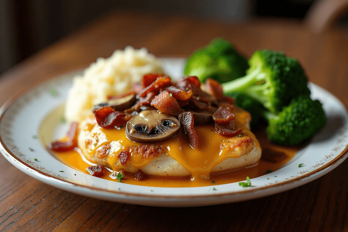 A plated serving of Alice Springs Chicken with sides of mashed potatoes and steamed broccoli