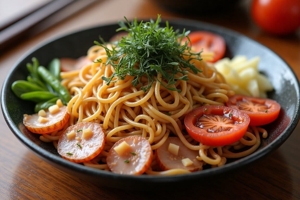 A plate of authentic yakisoba noodles with vegetables and pickled ginger