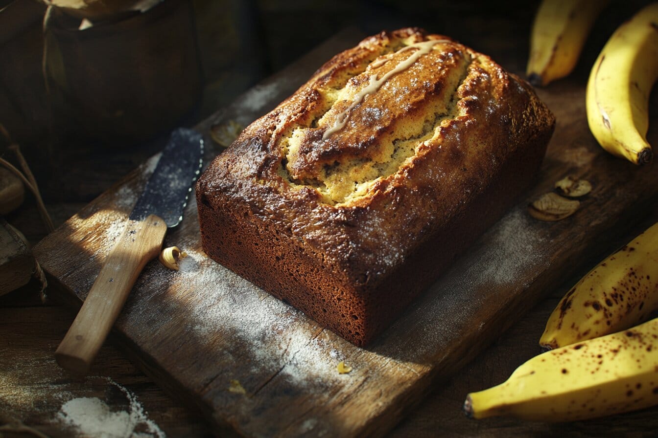 Freshly baked banana bread loaf on a wooden cutting board