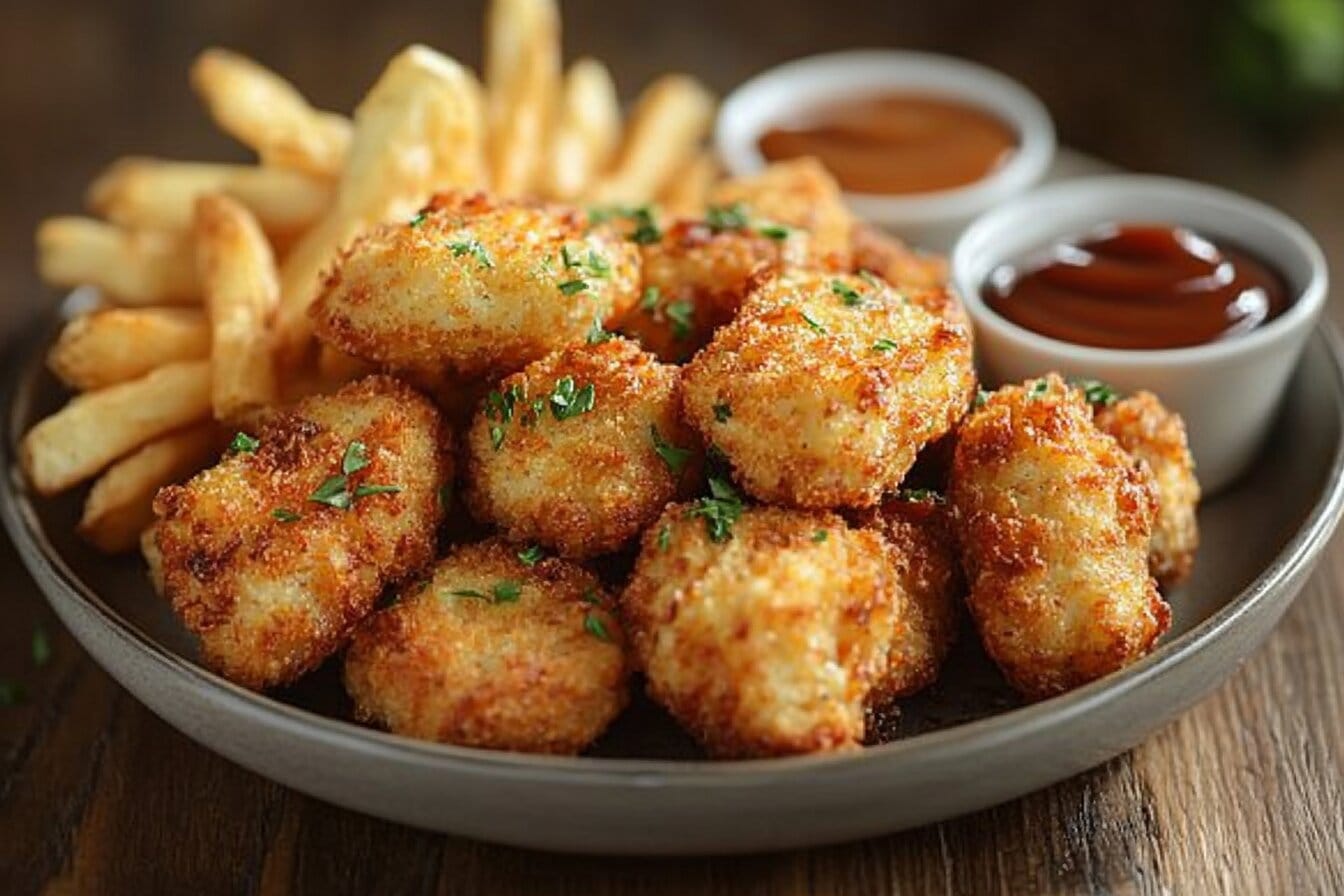 Chicken Nuggets and Fries: plate of crispy chicken nuggets and fries with dipping sauces on a rustic wooden table.