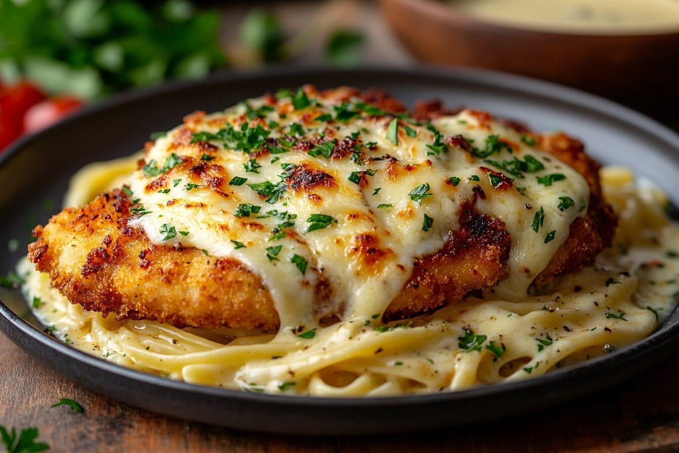 A plated Chicken Parm Alfredo with crispy chicken, melted cheese, creamy Alfredo sauce, and pasta garnished with parsley.