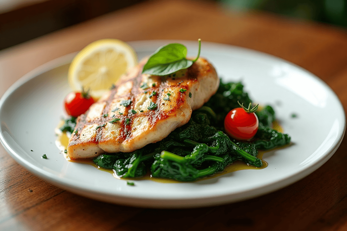 Chicken and spinach meal displayed on a plate