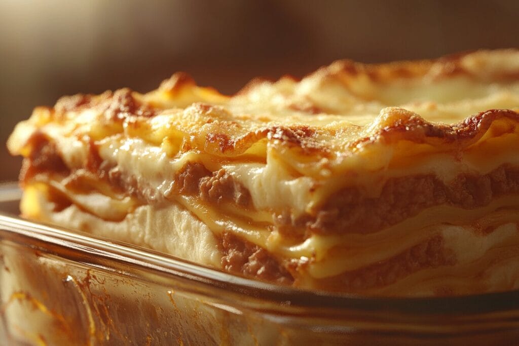 A perfectly layered lasagna in a glass baking dish with golden cheese topping.