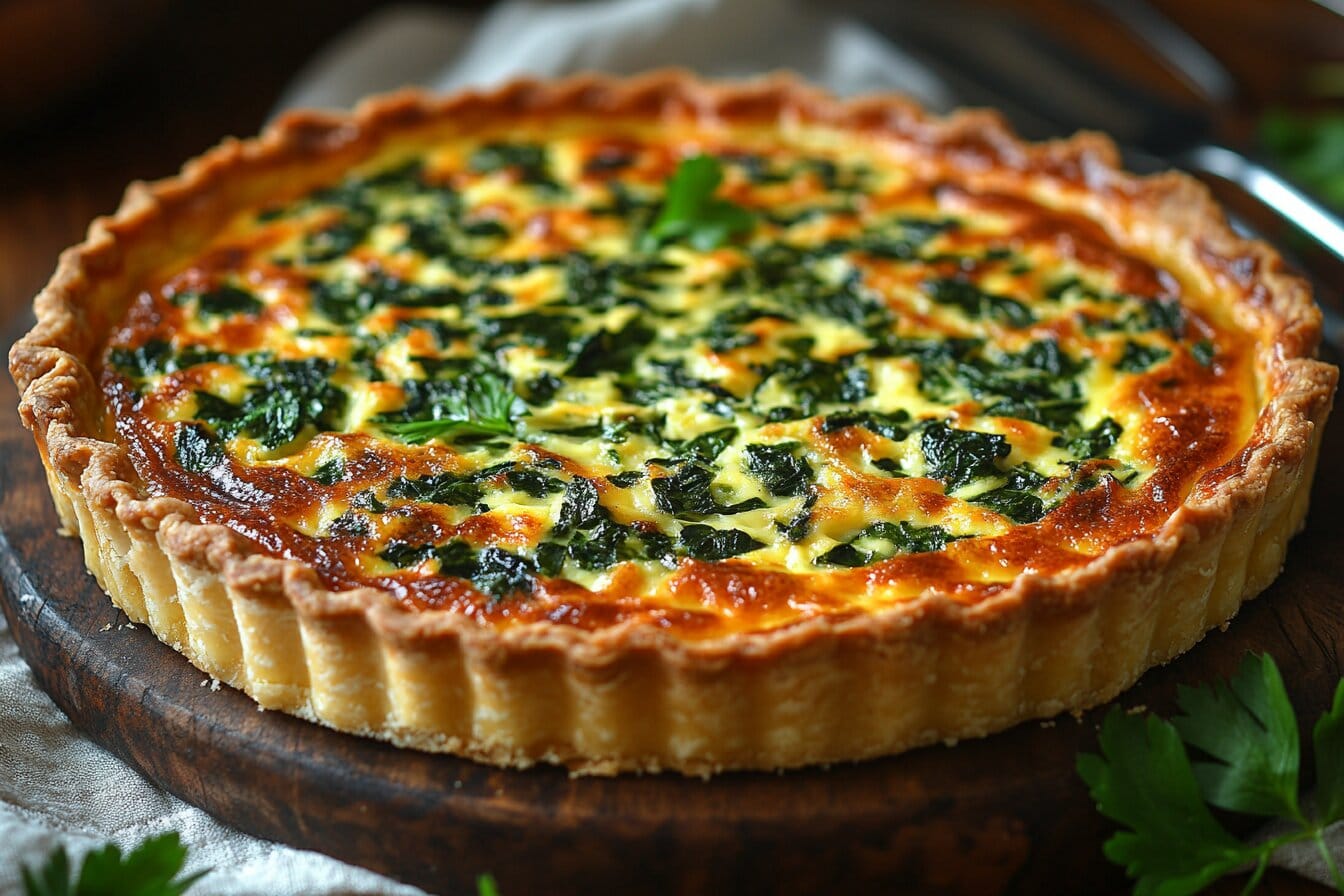 A freshly baked Quiche Florentine on a rustic wooden table, garnished with fresh herbs.