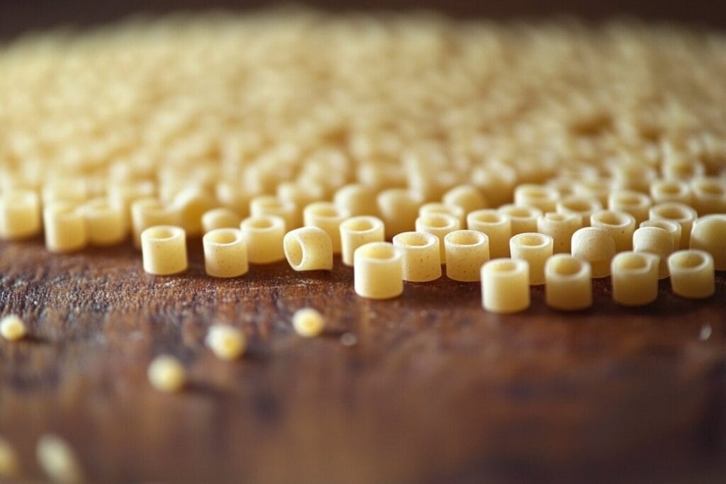 A close-up view of ditalini pasta, small hollow cylinders perfect for soups and stews.