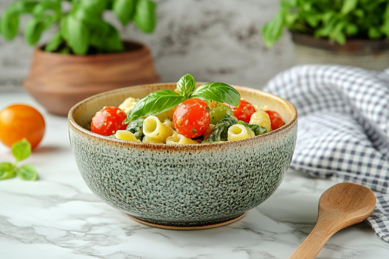 Cold pasta salad garnished with fresh basil, cherry tomatoes, and olive oil, perfect for summer gatherings