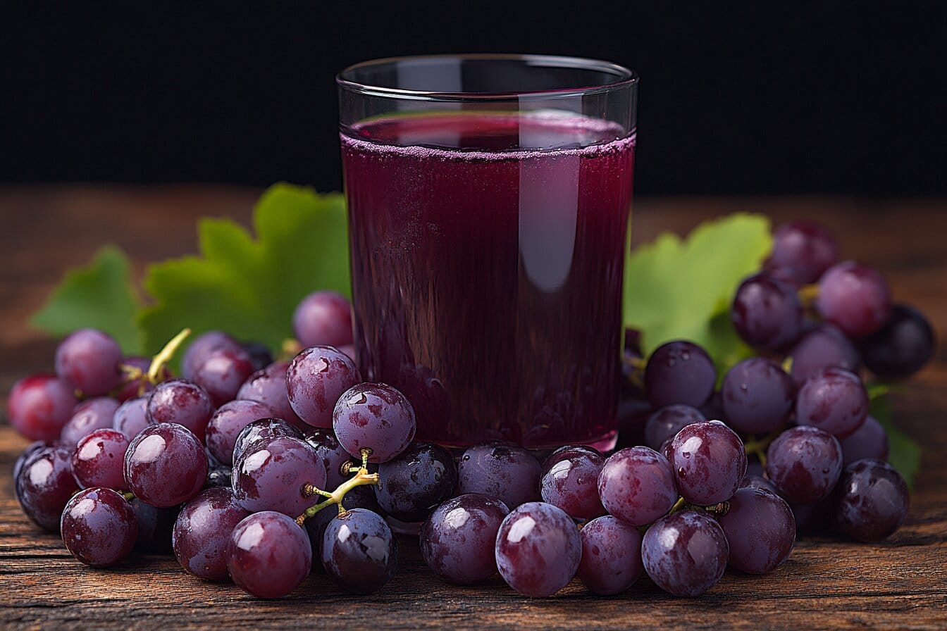 A glass of Concord grape juice with fresh Concord grapes around it.