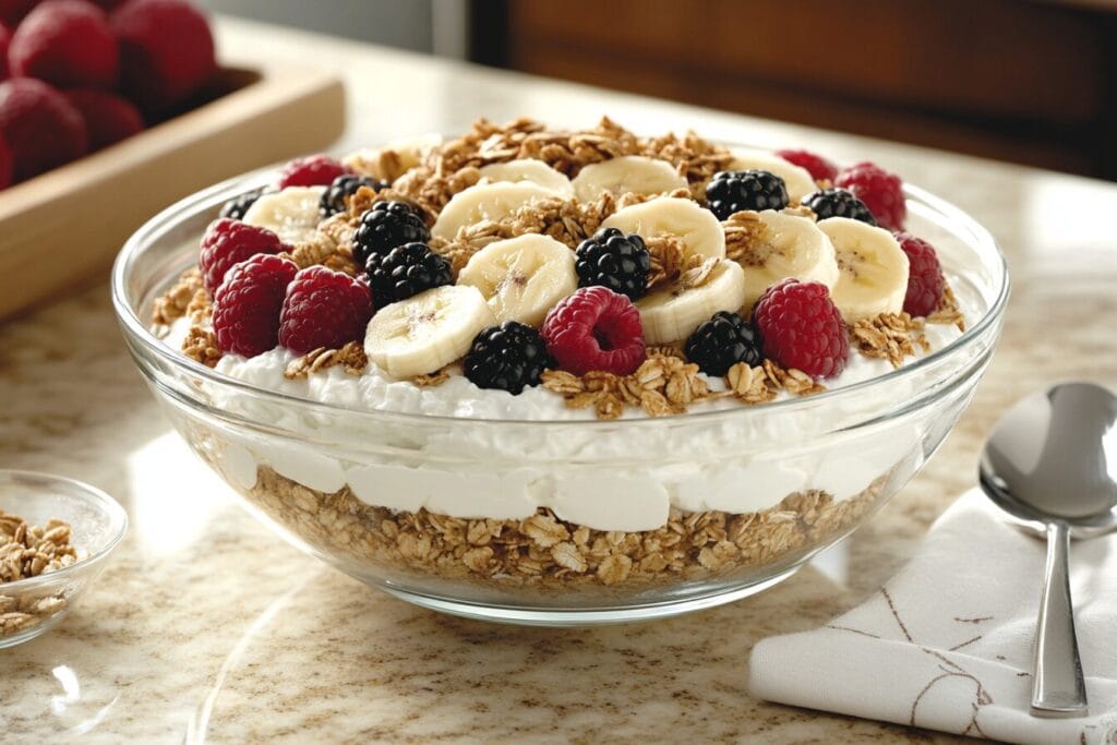 A cottage cheese breakfast bowl with granola and fresh fruits.