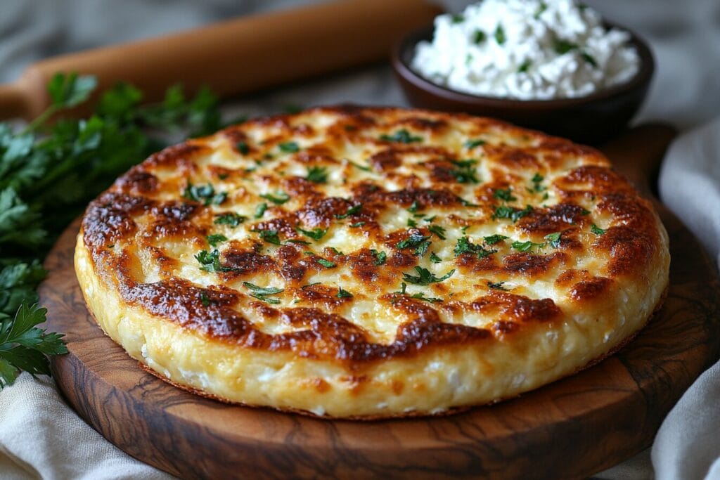 Cottage cheese flatbread on a wooden board with a side of fresh herbs.