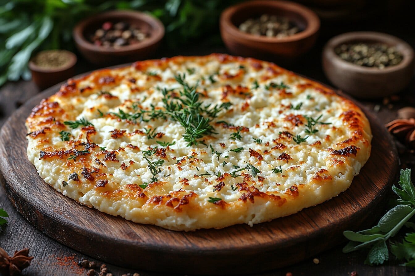 Freshly baked cottage cheese flatbread on a wooden board