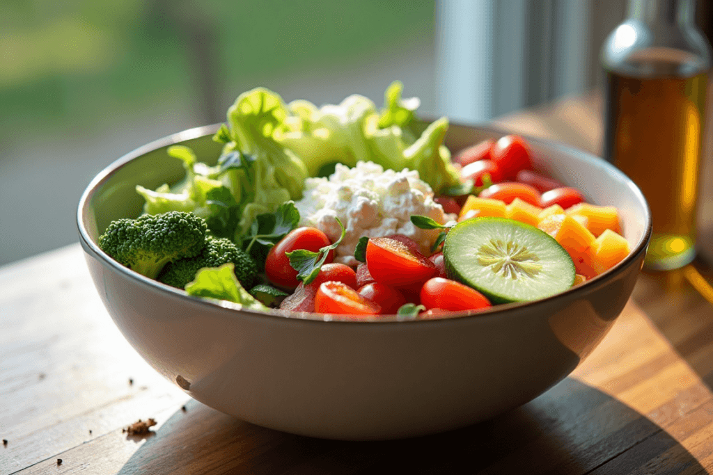 Salad bowl with cottage cheese and vegetables