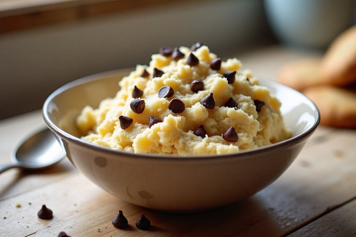 A bowl of cottage cheese cookie dough with chocolate chips on a wooden table