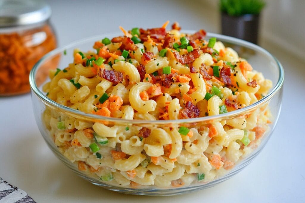 Creamy ditalini pasta salad with bacon bits and carrots.