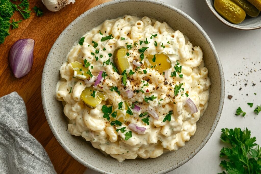 A refreshing bowl of creamy macaroni salad made with salad macaroni, fresh veggies, and tangy dressing.