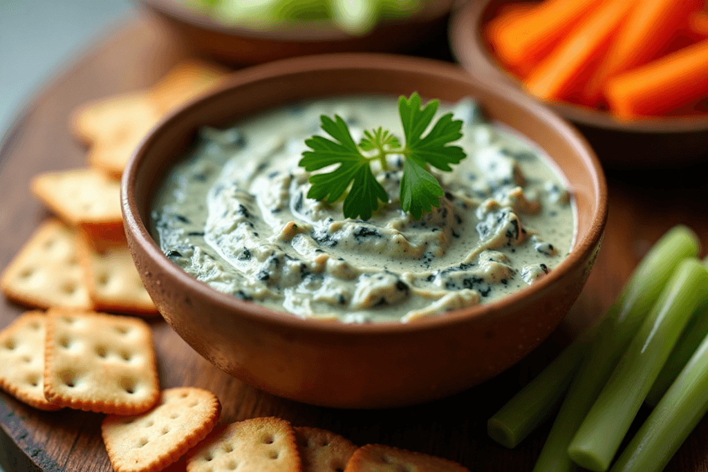 A creamy spinach dip in a bowl with crackers and vegetables arranged around it.
