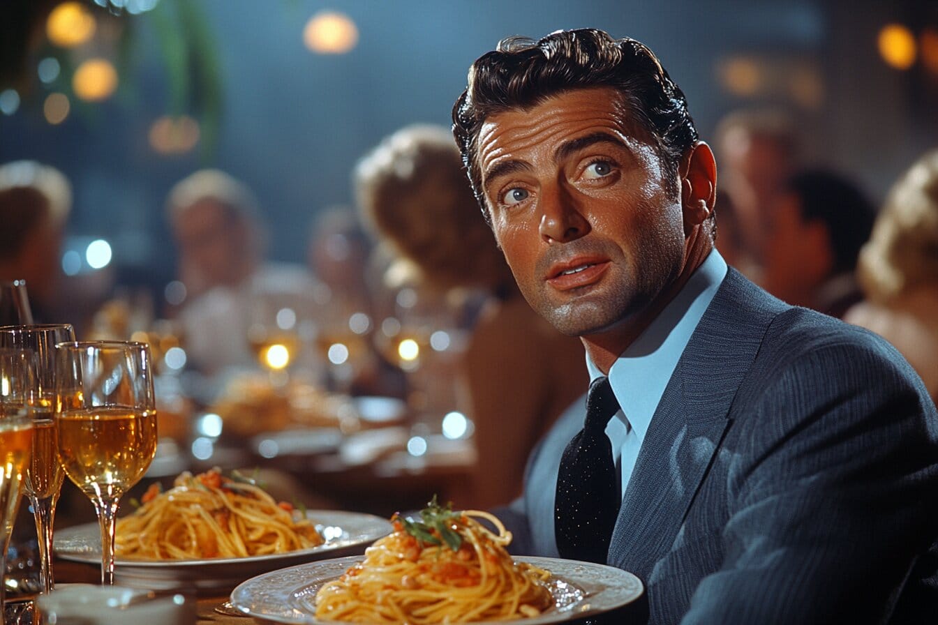 Dean Martin enjoying a meal at a classic Hollywood restaurant, surrounded by an elegant dining setup.