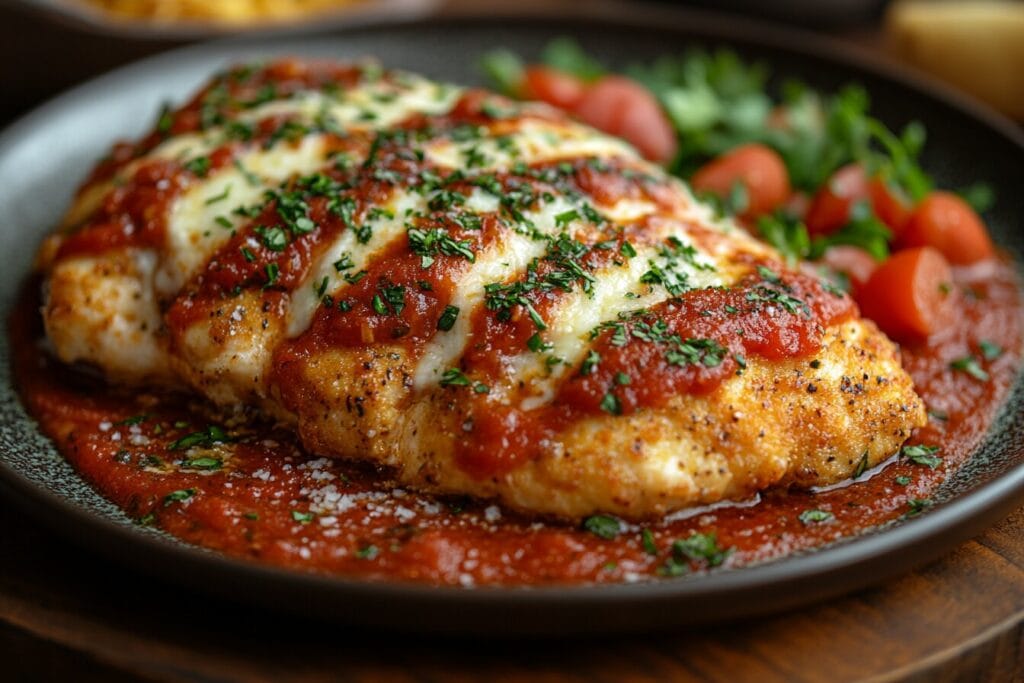 Crispy Chicken Parmigiana topped with melted mozzarella and Parmesan cheese, served with marinara sauce.