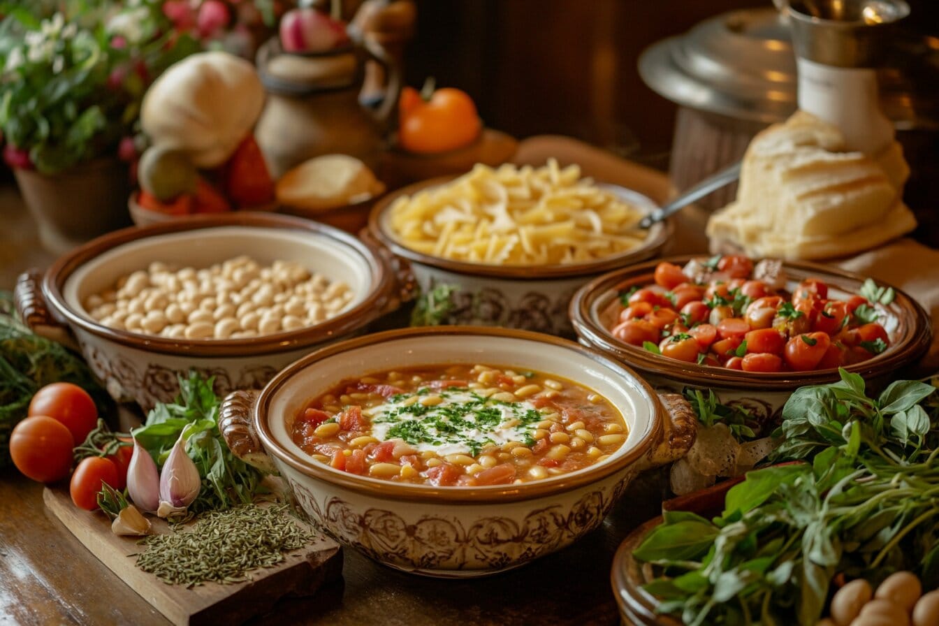 A featured shot of Minestrone Soup and Pasta Fazool served side-by-side, surrounded by fresh Italian ingredients on a rustic table.