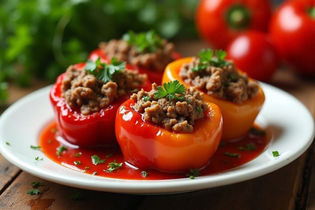 Healthy ground beef stuffed bell peppers.