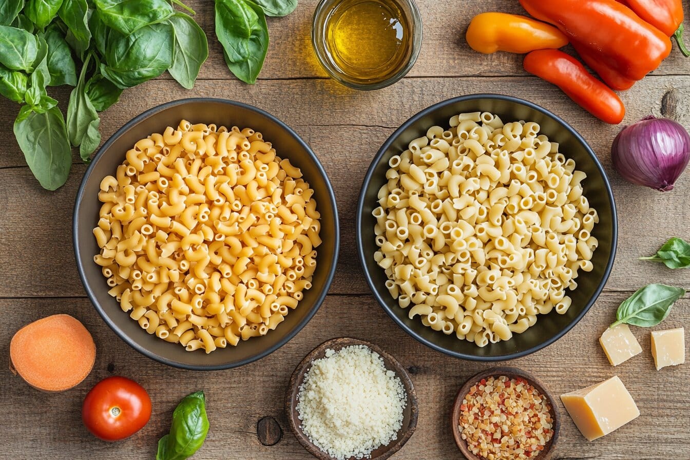 Is Ditalini the Same as Salad Macaroni?:Side-by-side display of ditalini pasta and salad macaroni with fresh ingredients, showcasing their differences and versatile uses.