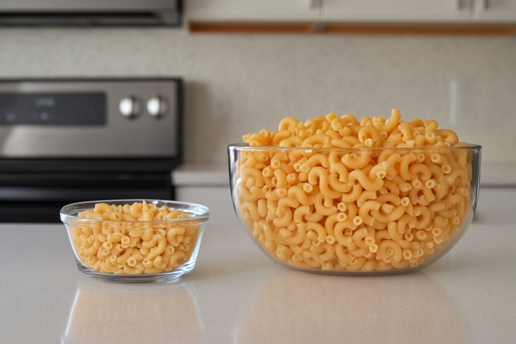 A side-by-side view of dry and cooked pasta portions.