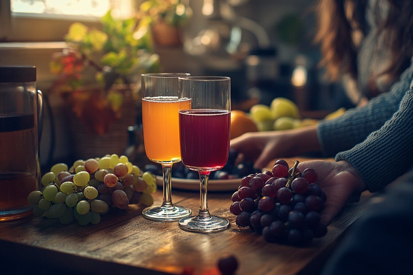 A family sitting at a kitchen table enjoying glasses of grape juice, with both regular and Concord grape juices displayed.