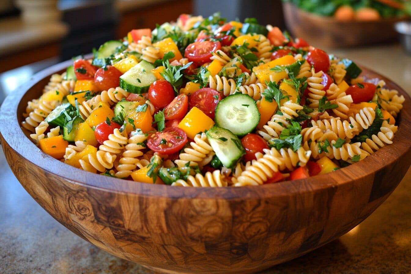 Five Mistakes to Avoid in Pasta Salad :A vibrant pasta salad with rotini pasta, cherry tomatoes, bell peppers, cucumbers, and fresh herbs in a wooden bowl