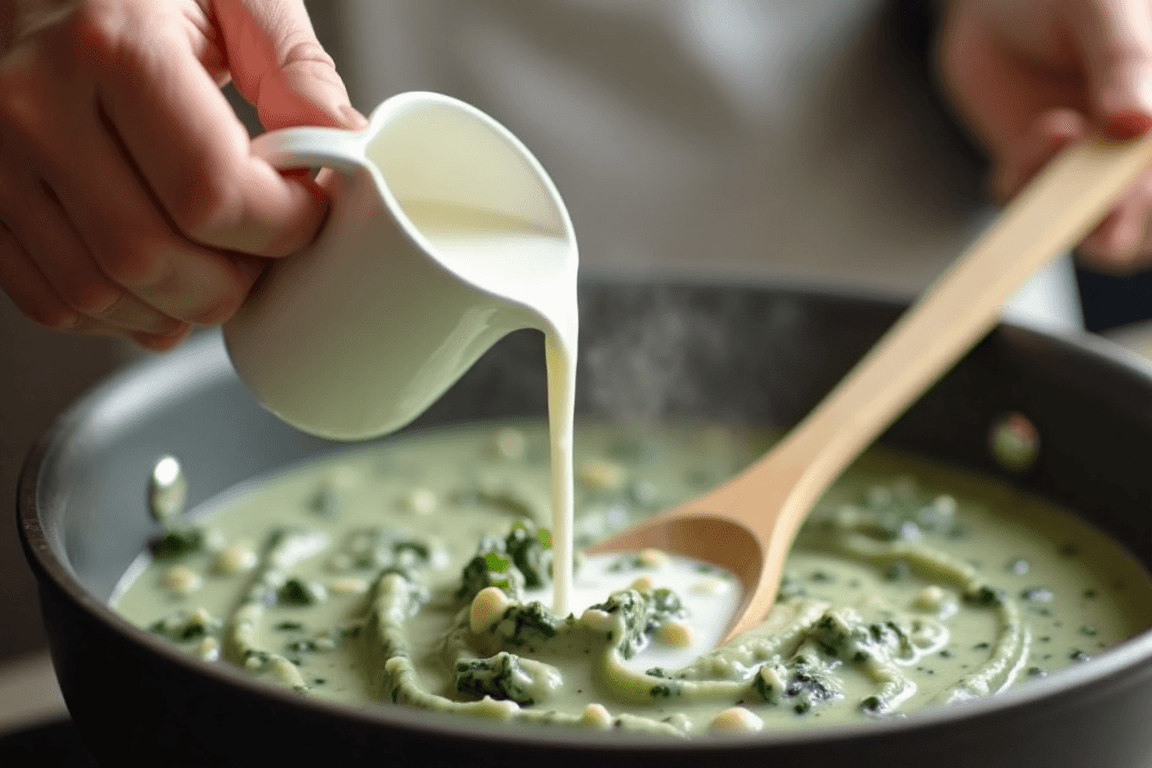 A hand pouring milk into a saucepan of spinach dip to adjust its consistency