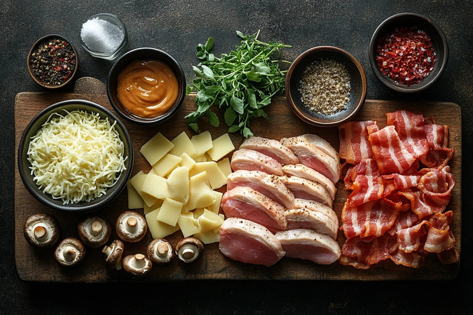Flat Lay Of Raw Chicken, Cheese, Bacon, Mushrooms, And Honey Mustard Sauce On A Wooden Board, Ready For Cooking.