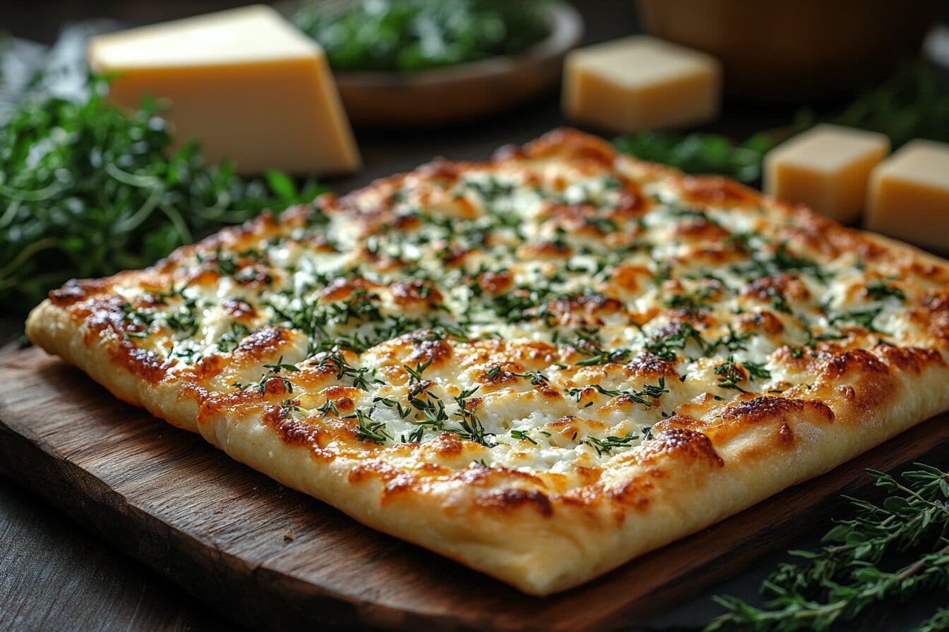 Fresh cottage cheese flatbread on a wooden board.