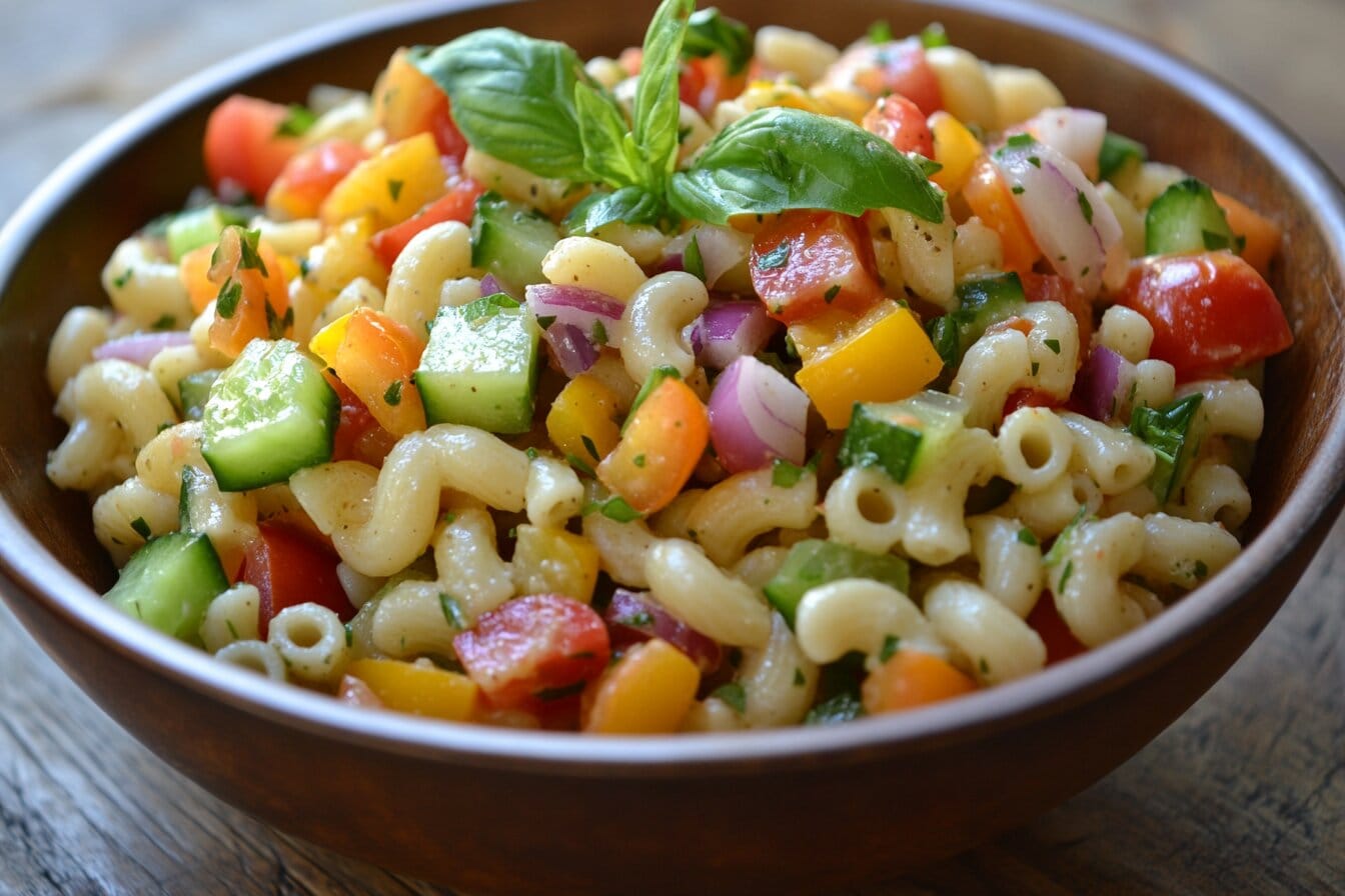 A bowl of fresh ditalini pasta salad with vegetables on a rustic table.