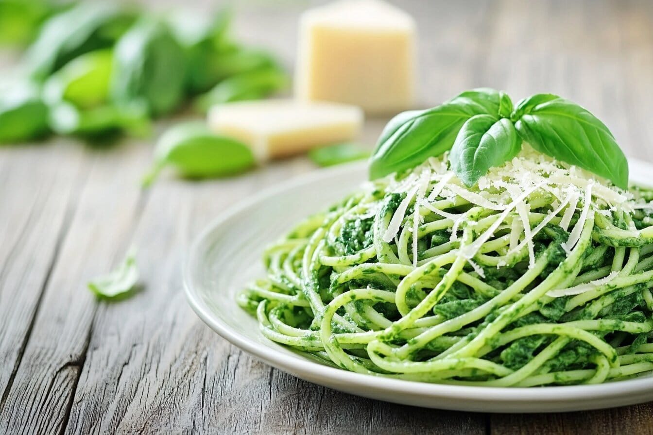 A bowl of freshly cooked green pasta with basil and spinach leaves.