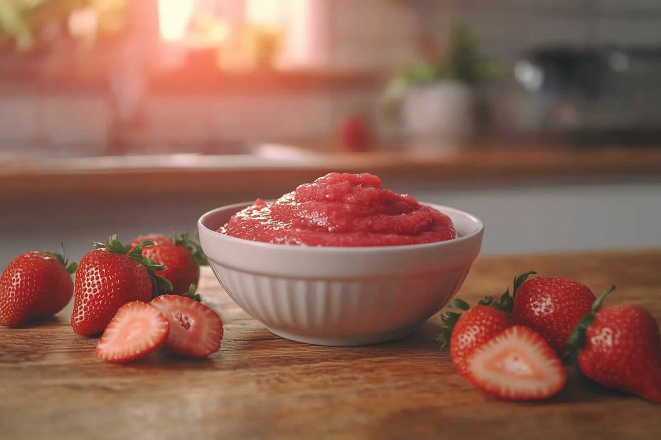 A bowl of fresh strawberry puree with ripe strawberries on the side.