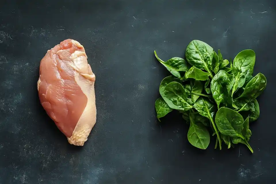 Fresh Raw Chicken Breast And A Bunch Of Vibrant Green Spinach Leaves Placed On A Kitchen Counter