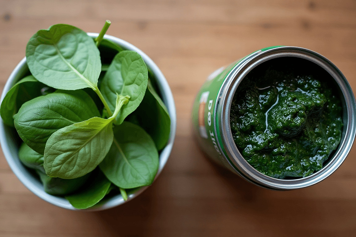 Fresh spinach and canned spinach side by side on a wooden table