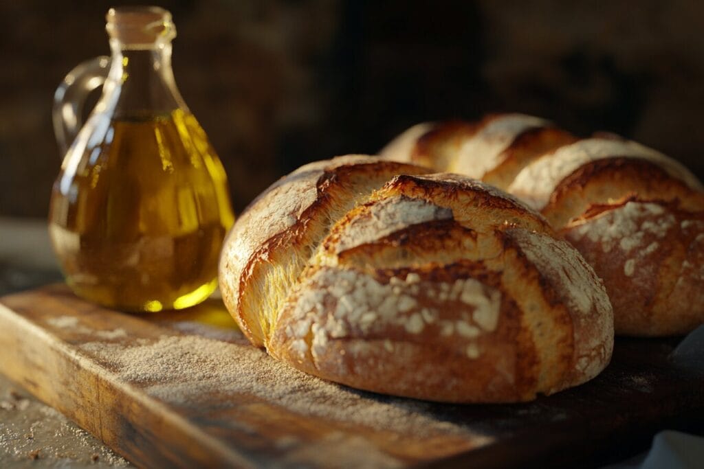 A close-up of freshly baked bread loaves on a wooden board, with a bottle of olive oil and flour in the background.