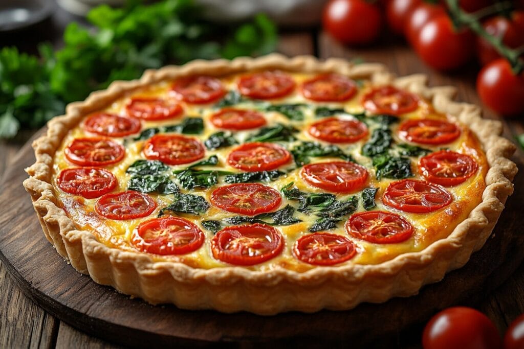 Freshly baked quiche with spinach, tomatoes, and cheese.